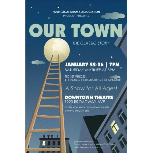 Our Town Theater Poster Our Town Theater Poster features a vintage design with striking typography and imagery. The poster