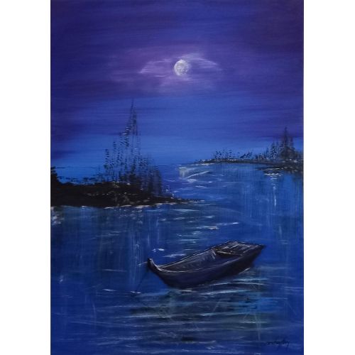 Puslu Gecede Yalnızlık, Murat Tayfun Başaran 50x70 tuval üzeri akrilik çalışmam Akrilik Orijinal Tablo