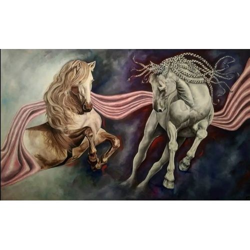 Şahlanan Atlar, Serenay Türkyılmaz 100x170cm tuval üzerine yağlıboya Yağlıboya Tablo Orijinal Tablo