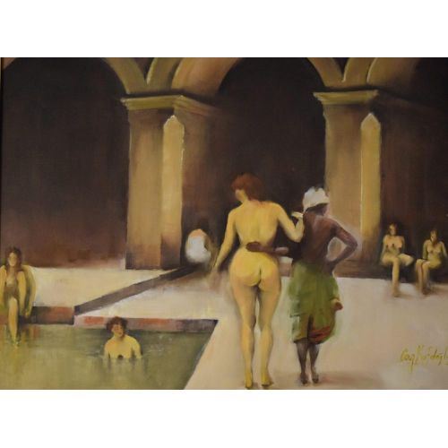 Haremde Hamam, Emine Can Kafdağlı KAĞIT ÜZERİ YAĞLIBOYA BİREŞİMCİ RENKÇİ, AÇIK-KOYU (CLAİR-OBSCUR) ÇERÇEVELİ