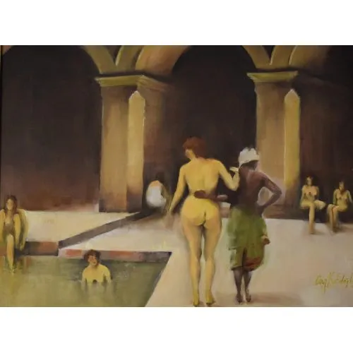Bath In The Harem, Emine Can Kafdagli Oil Paint Bath In The Harem, Emine Can Kafdagli OIL PAINTING ON PAPERSYNTHESIS COLORIST, LIGHT-DARK (CLAIR-OBSCUR)FRAMED Oil Paint