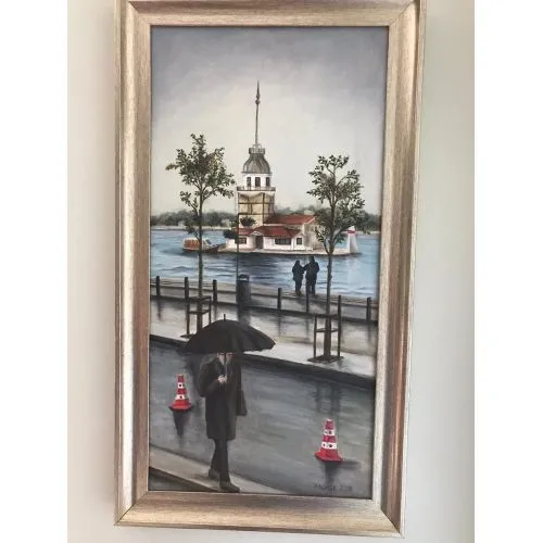 Maiden Tower, Rainy Day, Aysin Gokce  Oil Paint Paintings