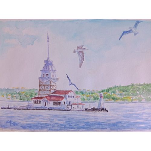 Kız Kulesi İle Martılar, Gürhan Doğaç Suluboya Kız Kulesi İle Martılar, Gürhan Doğaç 25 x 17,5 kağıda sulu boya fırça çalışması çerçevesiz Suluboya Orijinal
