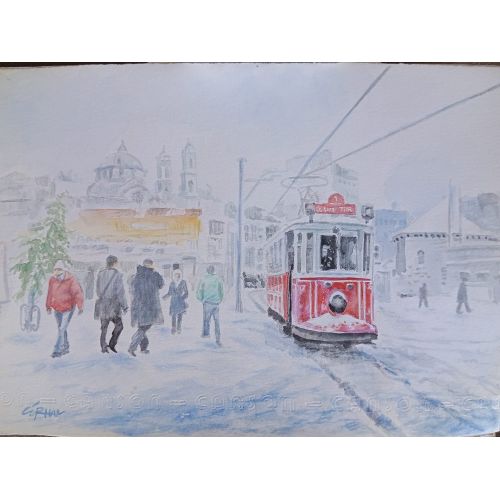 Karda Taksim Tramvayı, Gürhan Doğaç Fırça ile kağıda sulu boya çalışması çerçevesizçerçevesiz Suluboya Orijinal