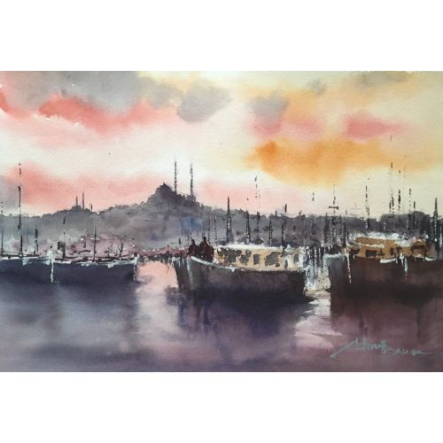 İstanbul 12, Murat Bakır PAMUK KAĞIT ÜZERİ SULUBOYA Suluboya Orijinal Tablo