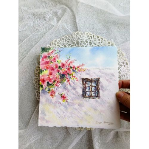 Bougainvillea Series 2, Derya Dere This original watercolor painting (16 × 16 cm) depicts an Aegean facade created on 300 GSM