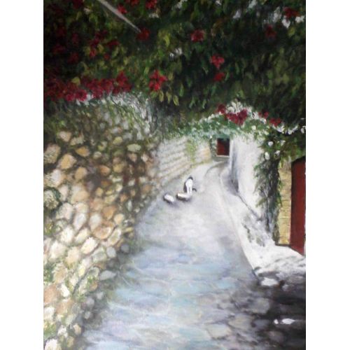 Mahalle, Türkan Ersungur Tuval uzerine yagli boya sokak resmi 50×70  Yağlıboya Tablo Orijinal Tablo