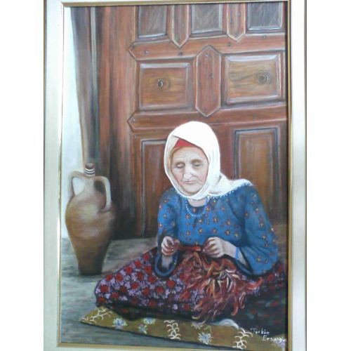 Biber Dizen Kadin, Turkan Ersungur Tuval uzerine yagli boya biber dizen yasli kadin resmi 50×70 Yağlıboya Tablo Orijinal