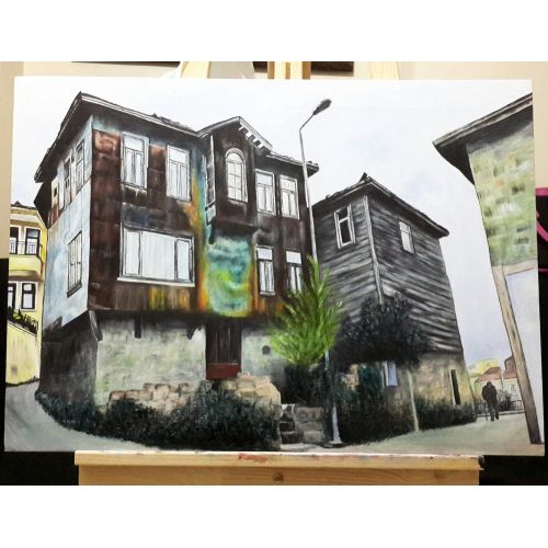 Amasra / Peyzaj, Kübra Abaylı 50 x 70 tuval üzerine yağlı boya / 2018  Bartın ın Amasra ilçesinden tarihi bir evden