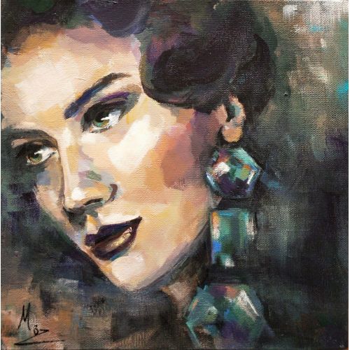 Kristal Küpeler, Mürşide Özyonar Kristal küpeli romantik kadın portresi, akrilik boya tablo Mürşide Özyonar Akrilik