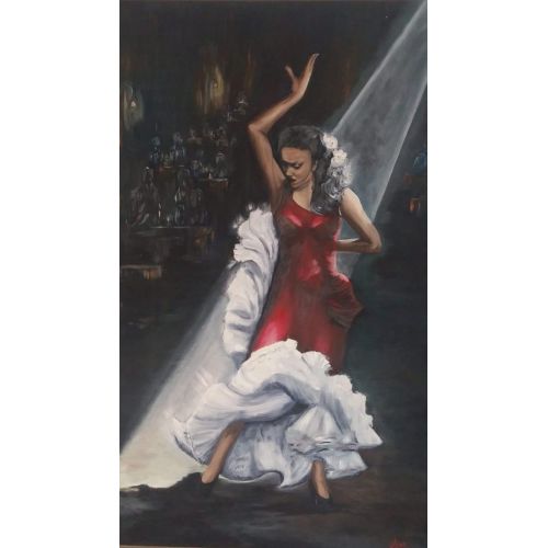Kırmızı Elbiseli Flamenko Dansçısı, Ayşe Çakın Kırmızı Elbiseli Flamenko Dansçısı Yağlıboya Tablo Orijinal Tablo
