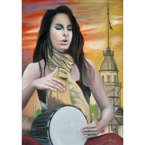Darbuka Çalan Kız, Kadir Uz Tuval üzeri yağlı boya Yağlıboya Tablo Orijinal Tablo