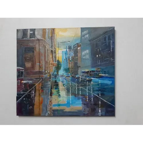 City Life, Main Street, Rainy Day, 70Ler, Yalcin Guncel Oil Paint City Life, Main Street, Rainy Day, (70Ler), Yalcin Guncel A city on main street. Heavy rain has just stopped. Returning to home