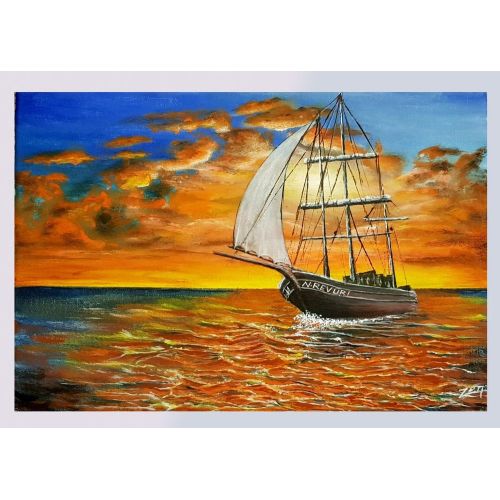 Sailboat Traveling At Sunset, Ozen Altun