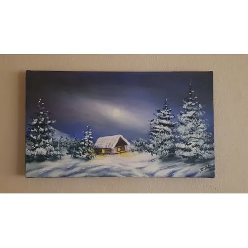 Snowy Forest And Hut, Ozen Altun Original Art, Original Art, Home Decor, Wall Decor, Original Painting, Modern art, gifts.