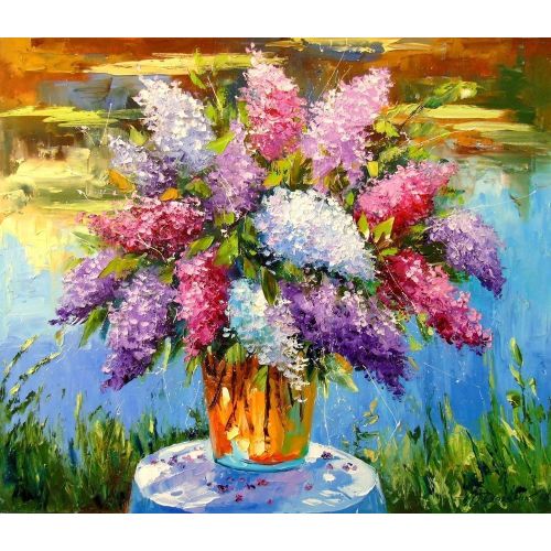 Bouquet Of Lilac At The Pond, Olha Darchuk Картина маслом Букет сирени у пруда без рамы