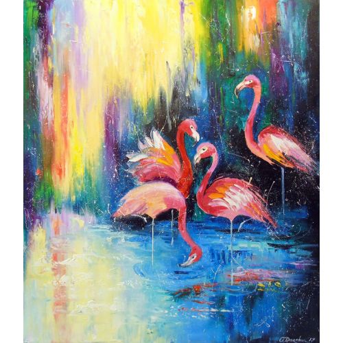 Flamingo, Olha Darchuk Flamingo oil painting on canvas without frame since the edges are painted, 100% work with high-quality oil