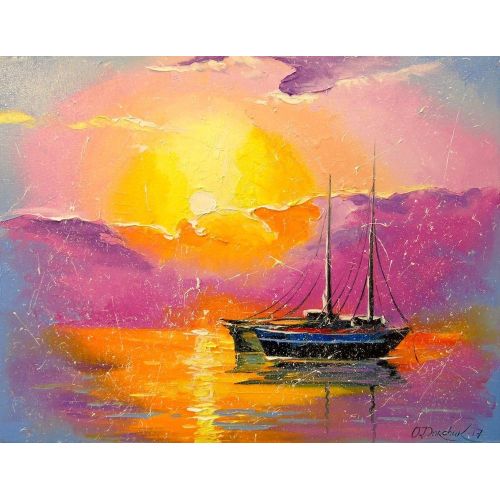 Pink Sunset, Olha Darchuk Pink sunset oil on canvas without frame, as the edges are painted, for interior or for gift. Decorate