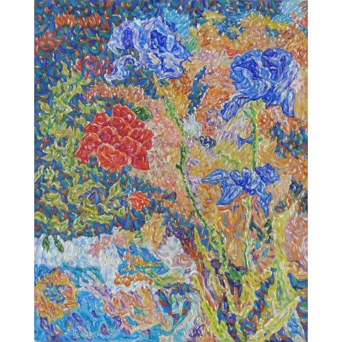 Irises And Roses Near The White Stone, Gyvanchmyrat Hojanyyazov Irises And Roses Near The White Stone, Gyvanchmyrat Hojanyyazov