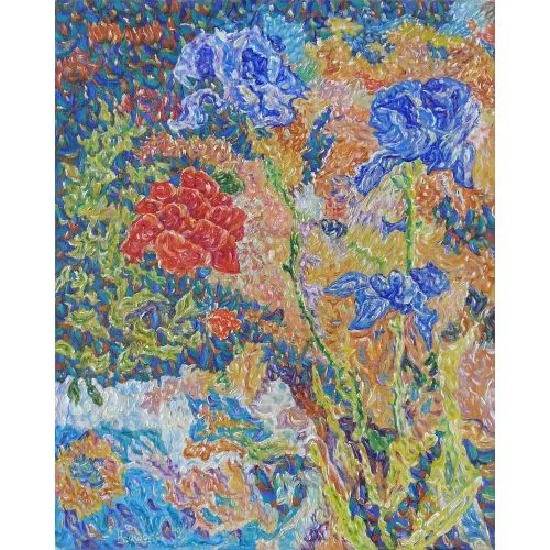 Irises And Roses Near The White Stone, Gyvanchmyrat Hojanyyazov Oil Paint Irises And Roses Near The White Stone, Gyvanchmyrat Hojanyyazov 2019 y. Oil on Canvas. Size 50 х 40 sm. Color styling. Driving
