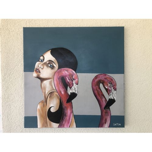 Flamingo İle Kadın, Sedat Sanatasan Flamingo ile kadın eseri Kadının flamingolar ıle dostluğu   Akrilik Orijinal Tablo