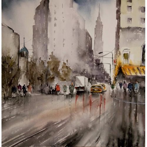 Rainy City, Fereshteh Haghtalab 2019 feb watercolor saintpetersburg watercolor  hahnemuhle watercolor paper  Suluboya Orijinal