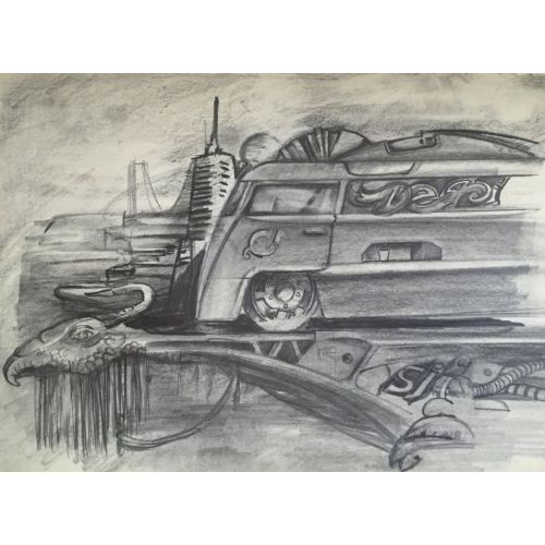 Vw Bus Dragon, Cem Purtul karakalem sketcth  küçüklüğümüzün efsanevi aracının güncel hayali  Karakalem Orijinal