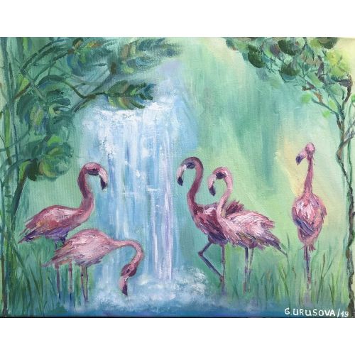 Paradise, Galiya Urusova Cennet Yağlıboya Tuval, 40 x 50 x 2 cm Orijinal, 2019 *havadaki sihirli ruh, flamingoların
