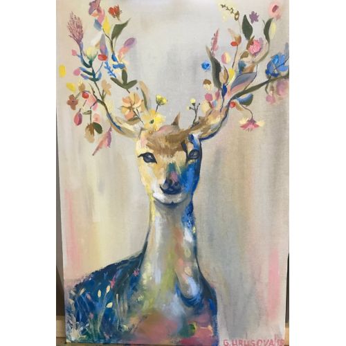 Sihirli Geyik, Galiya Urusova yağlı boya, orijinal tablo pres tuval 40 x 60 cm 2019 Yağlıboya Tablo Orijinal Tablo