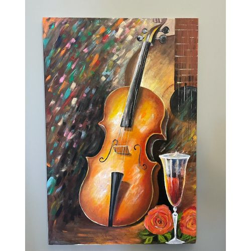 Keman Ve Şarap, Fatma Şahan tuval akrilik boya, 100x70 cm ebatları, Fatma Şahan Reprodüksiyon Tablo Orijinal Tablo