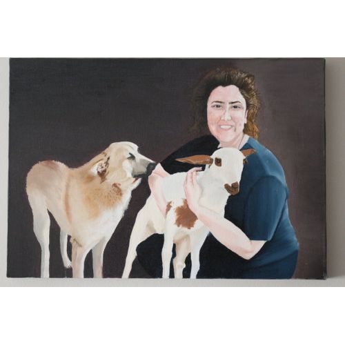 Kız, Kuzu Ve Köpek, Hakan Çiftçi kız, köpek ve kuzu 50x30 kanvas tuval üzerine yağlı boya Yağlıboya Tablo Orijinal