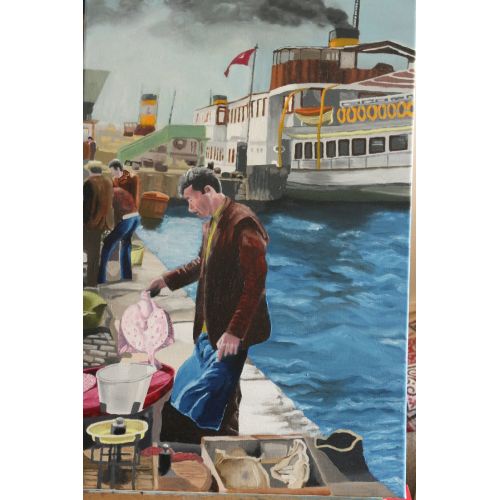 Vapur Ve Balıkçı, Hakan Çiftçi Eminönü de vapurlar ve balıkçılar Kanval tuval üstüne yağlı boya, 60x40 Yağlıboya