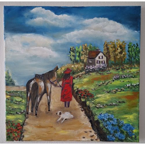 Kız at ve köpek, Ayfer İlbi 40×40 tuval üzeri yağlıboya fırça ve spatula kullanılmıştır Çerçevesizdir Yağlıboya