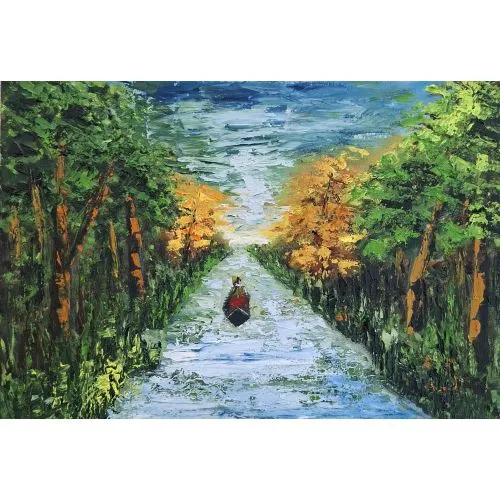 Forest and river, Ayfer Ilbi Oil painting on 25x35 canvas, created using the impasto technique with a brush and palette knife.