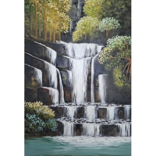 Waterfall, Hatice İlbi 35x50 oil painting on canvas. It is frameless. A reproduction inspired by an oil painting. Oil Paint