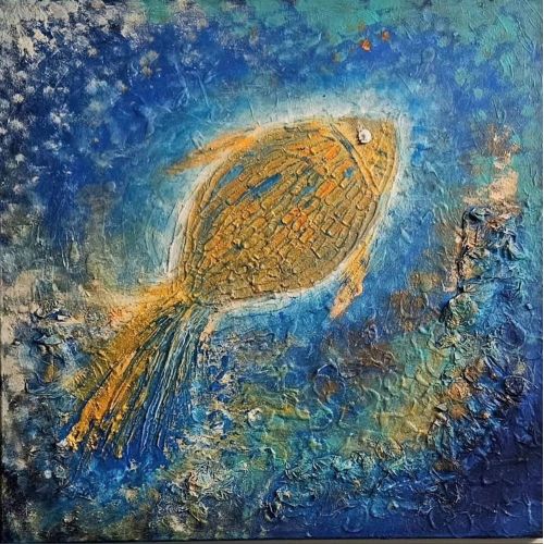 Sarı Balık, Nurcihan Aydoğan ALRİLİK BOYA, KABARTMALI , 50X50 EBATTA , ÖZGÜN  VE EL ÇİZİMİ   Akrilik Orijinal Tablo