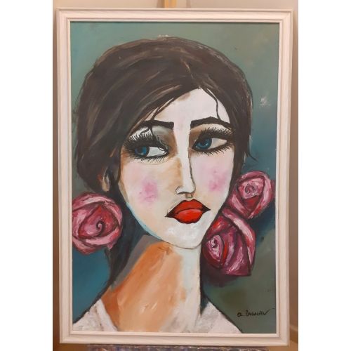 Mavi Gözlü Kadın Tablosu, Ayşe Ünsalan Tuval üzerine yağlı boya ve ahşap çerçeve. Yağlıboya Tablo Orijinal Tablo