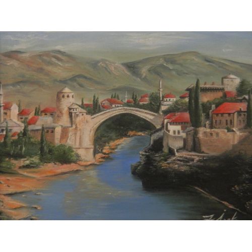 Mostar Köprüsü 2, Havva İpek Ayyıldız Tuval üzerine yağlı boya tablo . 50x70 Orijinal köprü Mimar Sinanın