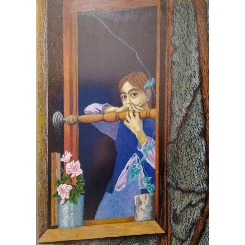 Penceredeki Kız 2, Veli Hünkar Türkmen Pastel Boya - Çerçeveli Pastel Orijinal Tablo