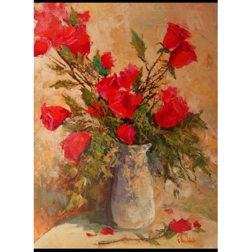 Roses İn White Vase, Alexander Lednev Beyaz Vazoda Güller 80×60 Tuval Yağlı boya Yağlıboya Tablo Orijinal Tablo