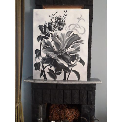 Siyah Beyaz Cicek, Ayşen Tokdemir 90x70 Kanvas  Yagliboya Oil paint on canvas Yağlıboya Tablo Orijinal Tablo
