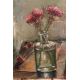 Bottle, Olga Ruden Oil Paint Bottle, Olga Ruden Bottle, oil painting, cute mini bouquet, in a green bottle. A small painting in green, pink, blue. Oil Paint