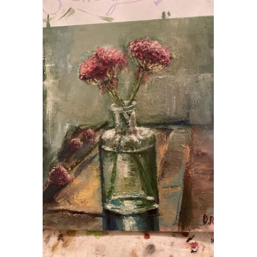 Bottle, Olga Ruden Oil Paint Bottle, Olga Ruden Bottle, oil painting, cute mini bouquet, in a green bottle. A small painting in green, pink, blue. Oil Paint