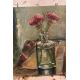 Bottle, Olga Ruden Oil Paint Bottle, Olga Ruden Bottle, oil painting, cute mini bouquet, in a green bottle. A small painting in green, pink, blue. Oil Paint