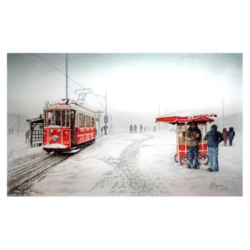 İstanbulda Nostaljik Tramvay, Necdet Hasan Boyanay Suluboya tekniği ile suluboya kağıdı üzerine çalışılmıştır.