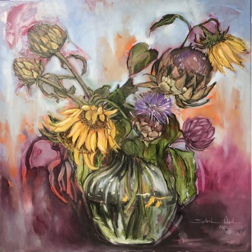 Günebakan Çiçekleri, Sibel Üçal Yağlıboya Tablo Günebakan Çiçekleri, Sibel Üçal Tuval üzeri bez. 80x80 Akrilik baz üzeri yağlıboya. Spatula ve fırça ile serbest