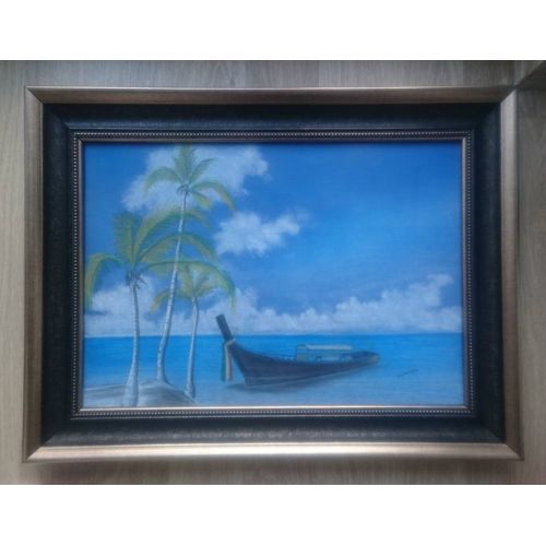 Deniz, Sandal Ve Palmiyeler, Hamide S. Delikara Renkli Toz Pastel Tekniği ile DENİZ ve SANDAL çalışması... Tablo