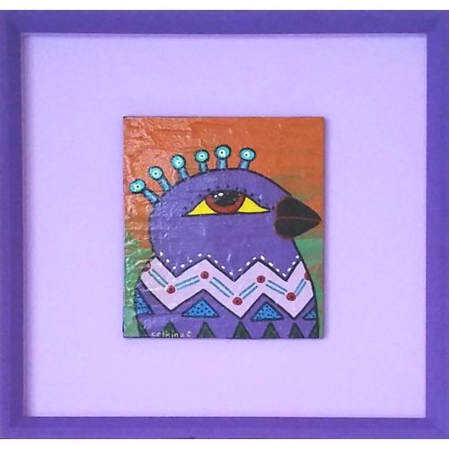 Plum Colored Fairy Tale Bird, Ayse Cetkin Acrylic Plum Colored Fairy Tale Bird, Ayse Cetkin The wooden table is illustrated with an abstract bird painting, varnished with acrylic