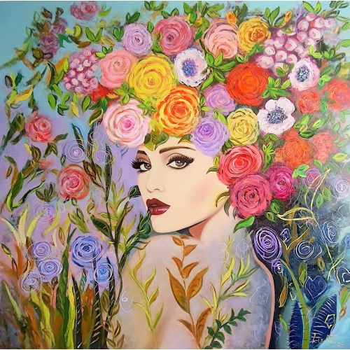Woman With Flower Hair, Angela Botnari Oil Paint Woman With Flower Hair, Angela Botnari Oil Painting on Canvas, 120×120 cm, Original Oil Painting on High Quality Canvas Oil