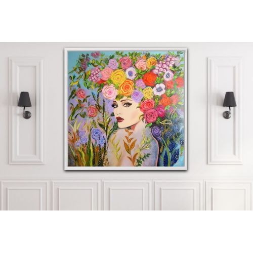 Woman With Flower Hair, Angela Botnari Oil Paint Woman With Flower Hair, Angela Botnari Oil Painting on Canvas, 120×120 cm, Original Oil Painting on High Quality Canvas Oil